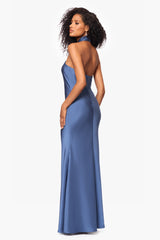 Petite "Esmerelda" Satin Double Knotted Halter Neck Floor Length Dress