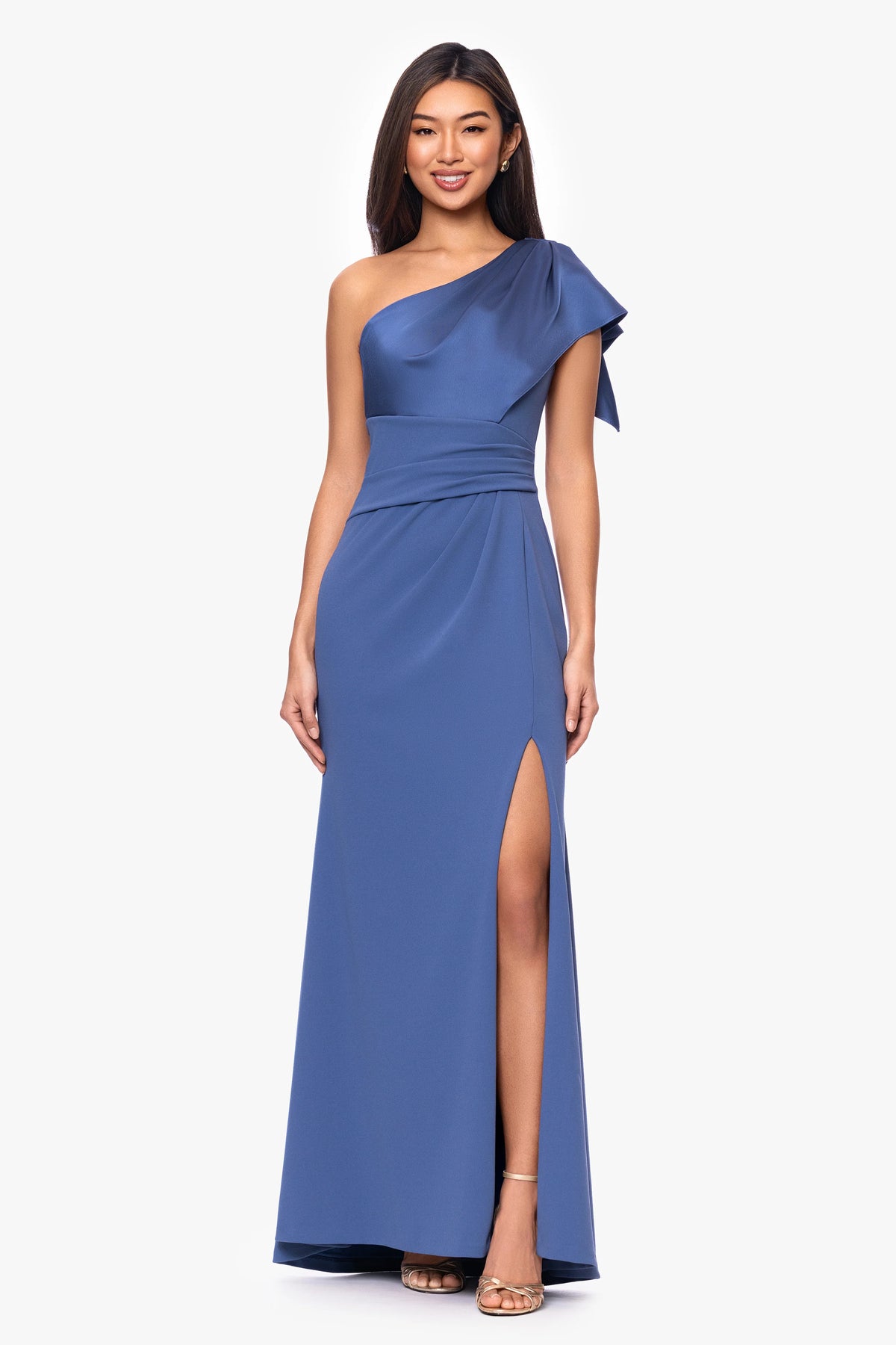 "Jules" Scuba Crepe and Satin One Shoulder Floor Length Dress