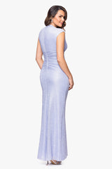 Petite "Bethany" Crinkle Metallic Rouched Floor Length Dress