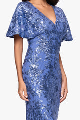"Paisley" Sequin Mesh Flutter Sleeve V-Neck Floor Length Dress