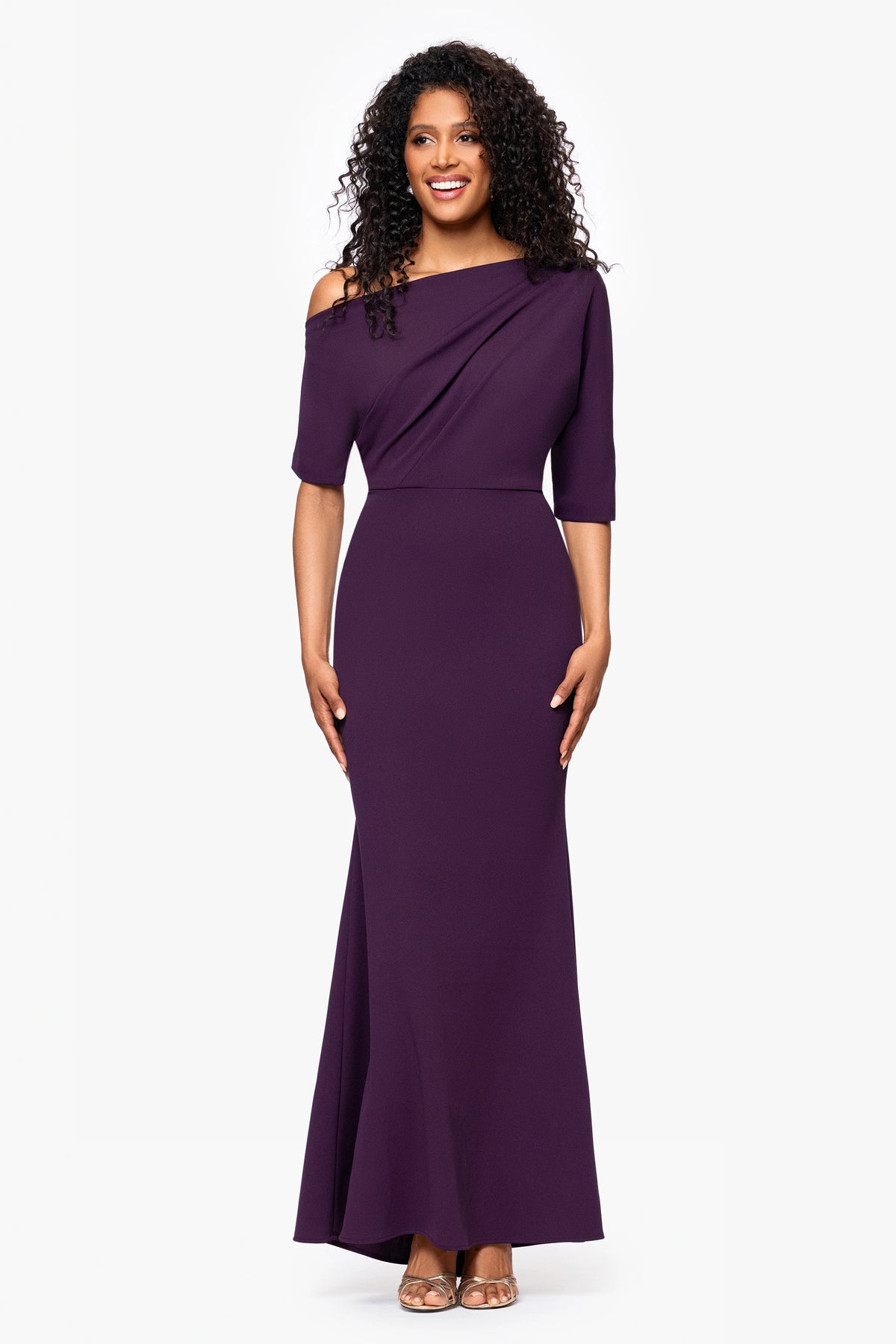 "Madeline" Scuba Crepe Off the Shoulder Drop Floor Length Dress