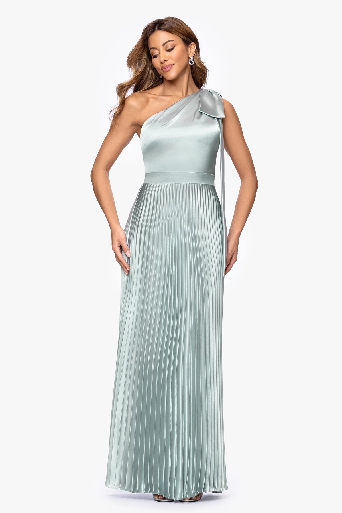 "Matilda" Satin One Shoulder Pleated Floor Length Dress