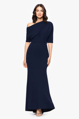 "Madeline" Long Scuba Crepe Off the Shoulder Drop Dress