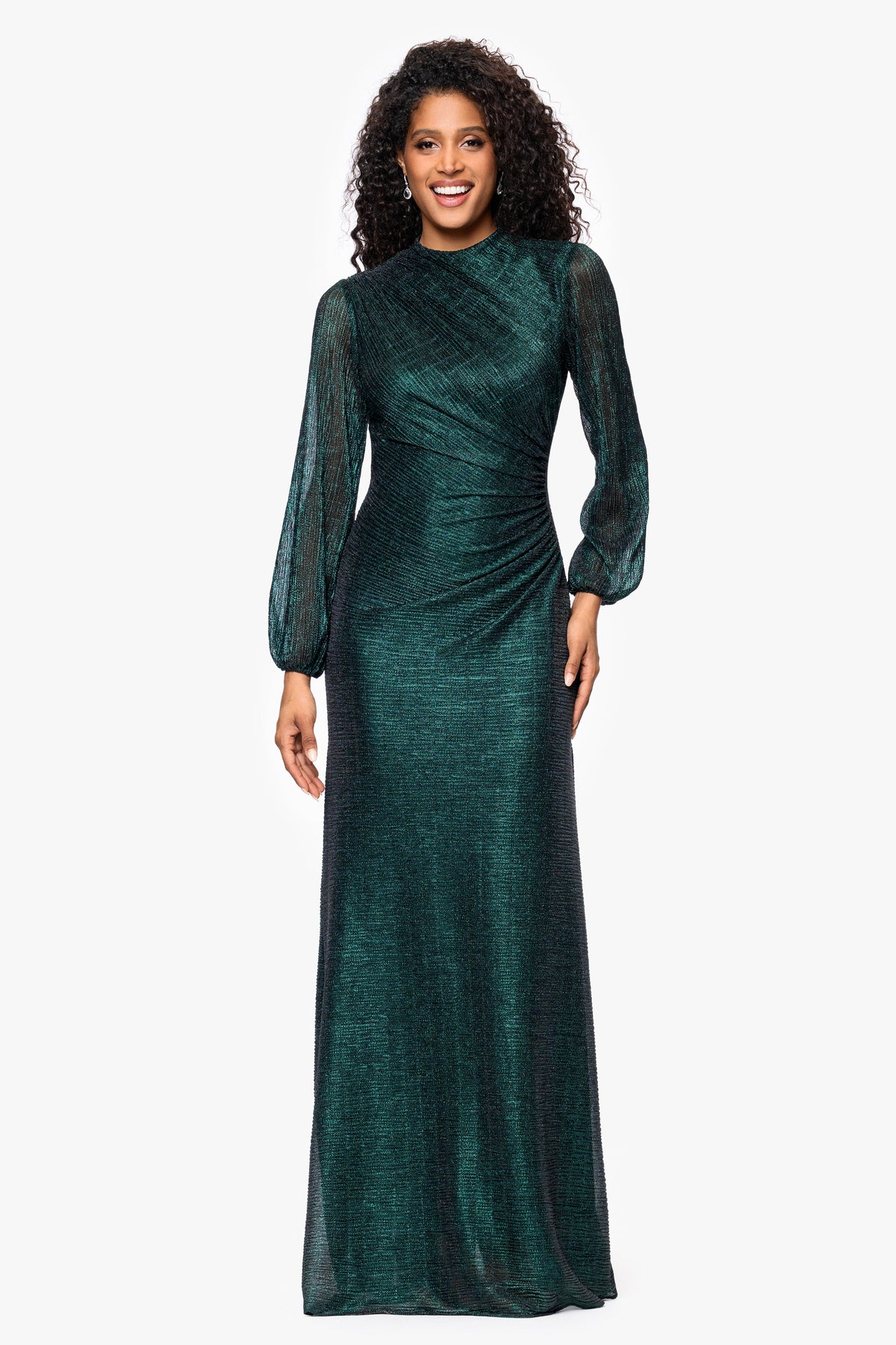 Petite "Jayline" Crinkle Metallic Long Sleeve Floor Length Dress