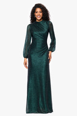 Petite "Jayline" Crinkle Metallic Long Sleeve Floor Length Dress