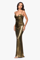 "Shayla" Metallic Jersey Corseted Floor Length Dress