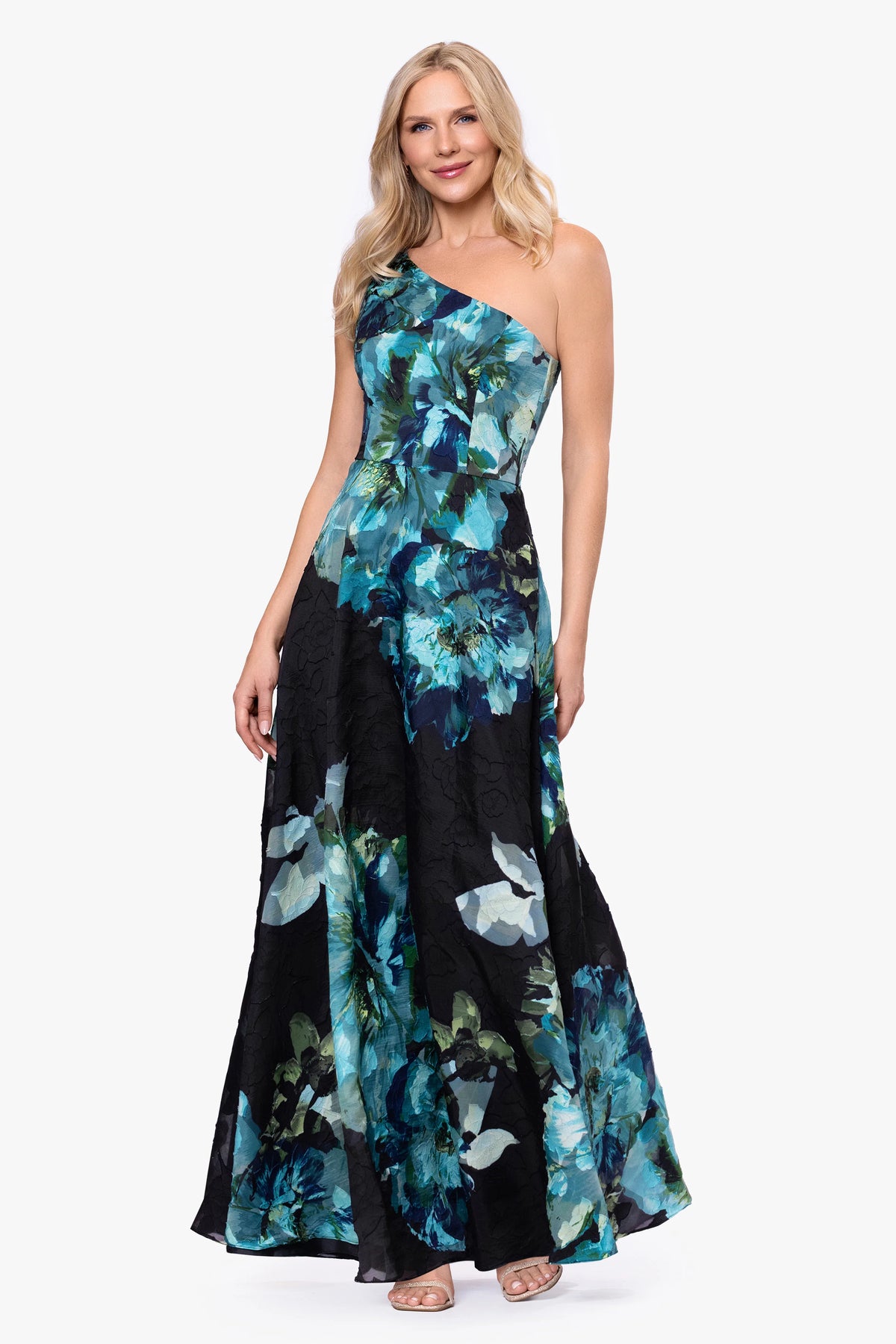 Petite "Carli" Chiffon Jacquard Burnout One Shoulder Floor Length Dress