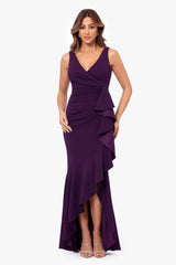 Petite "Candace" Long V- Neck Hi Low Cascade Dress