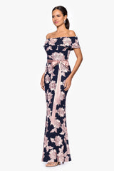 Petite "Georgette" Soutache Off the Shoulder Ribbon Floor Length Dress