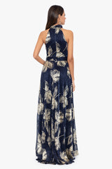 Petite "Dana" Foil Wrap Mock Neck Floor Length Dress