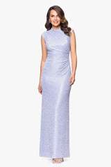Petite "Bethany" Crinkle Metallic Rouched Floor Length Dress