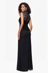 "Dayna" Floor Length Sleeveless Sheer Matte Jersey Lack Neck Rouched Side Dress