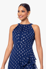 "Karina" Long Chiffon Foil Ruffle Tie Neck Dress