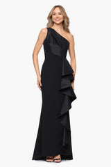 "Shai" Scuba Crepe Taffeta One Shoulder Floor Length Dress