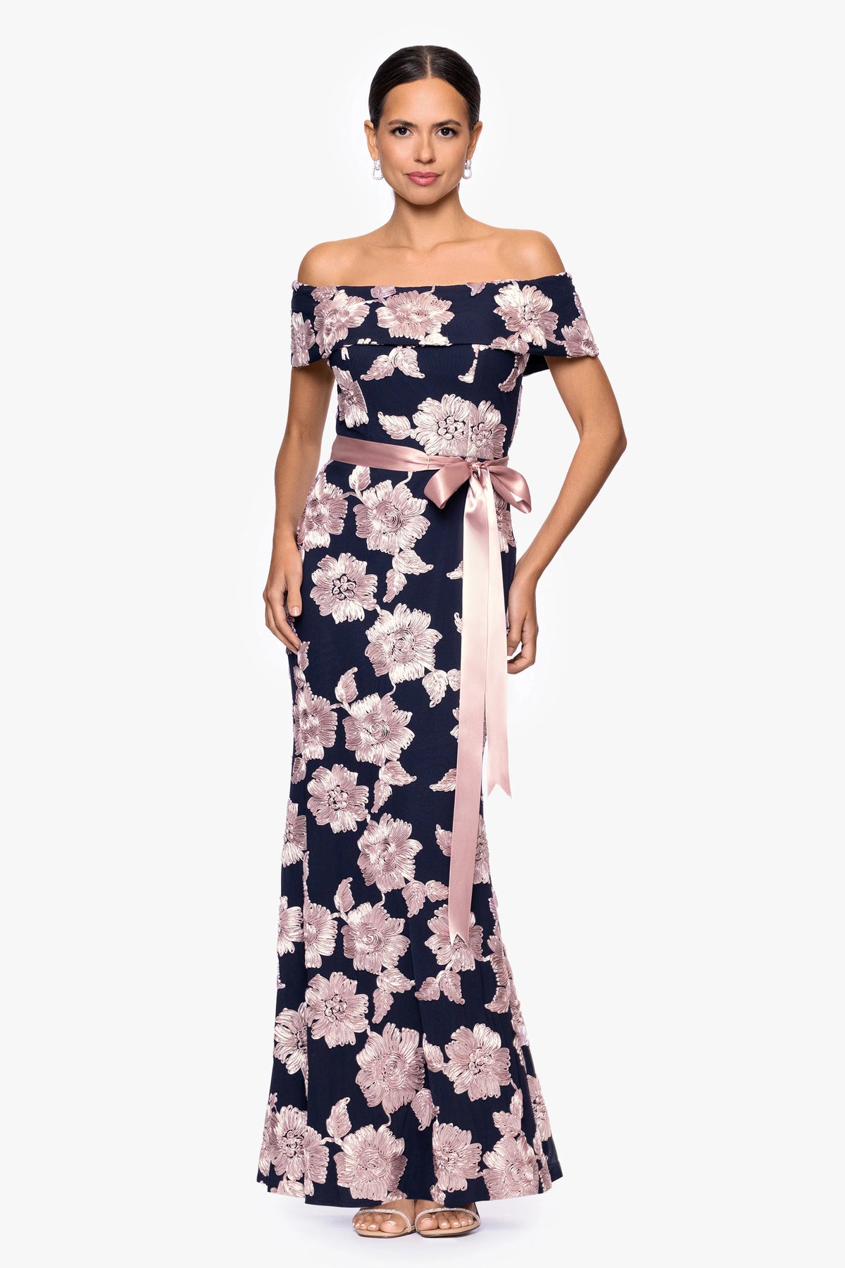Petite "Georgette" Soutache Off the Shoulder Ribbon Floor Length Dress