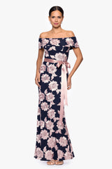 Petite "Georgette" Soutache Off the Shoulder Ribbon Floor Length Dress