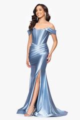 "Luanna" Satin Off Shoulder Corset Floor Length Dress