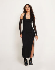 Asmala Halterneck Maxi Dress and Sleeve Set in Black Mesh