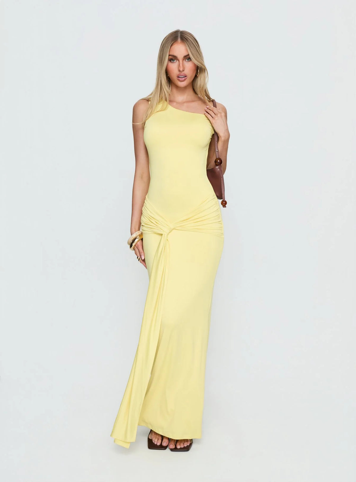 Get Lucky Drape One Shoulder Maxi Dress Lemon Yellow