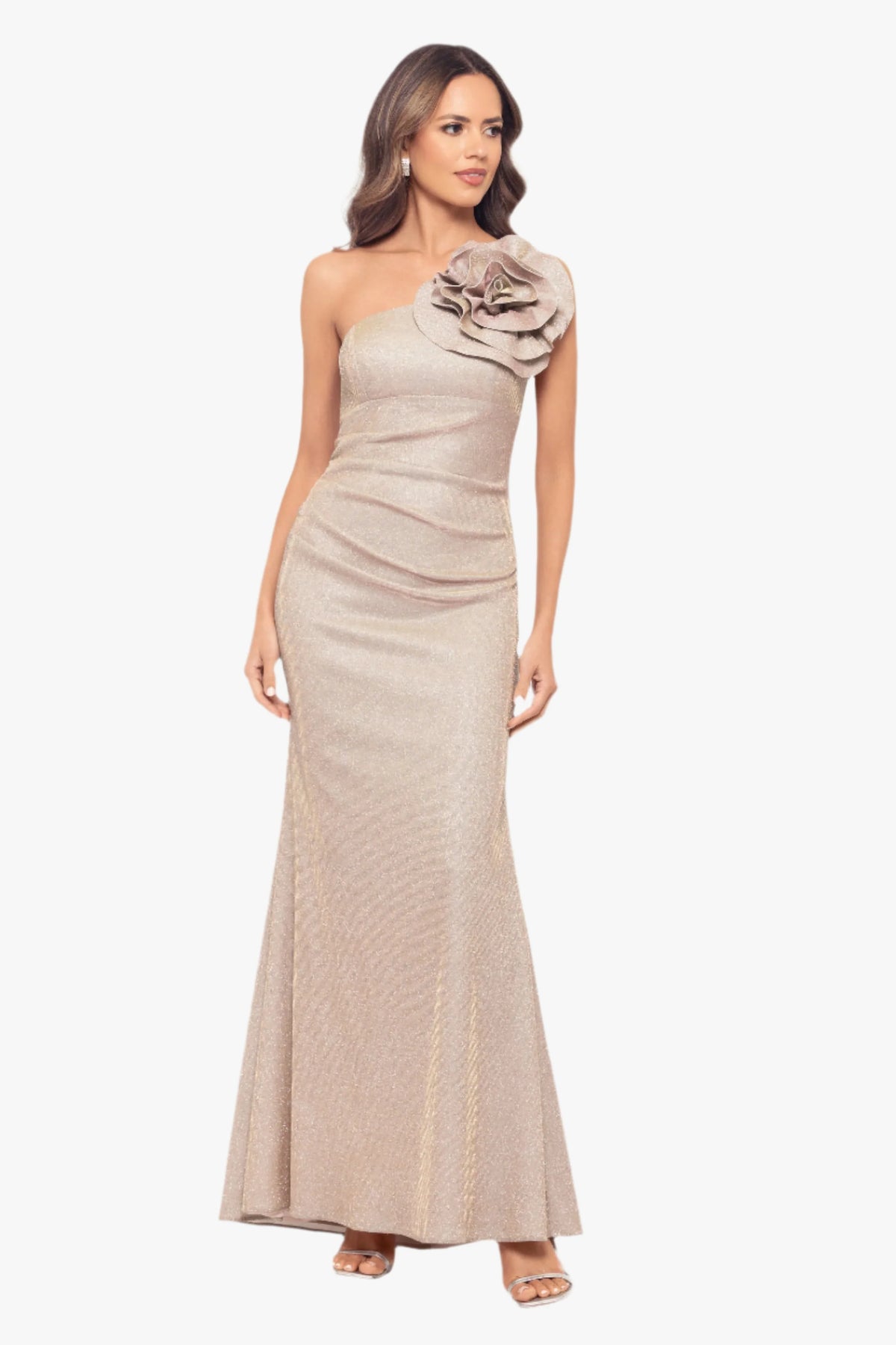 "Phoebe" Galaxy Knit One Shoulder Flower Floor Length Dress