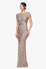 Petite "Keisha" Sequin Embellished Short Sleeve Floor Length Dress