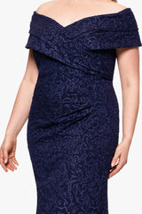 Plus "Dolly" Jacquard Off the Shoulder Floor Length Dress