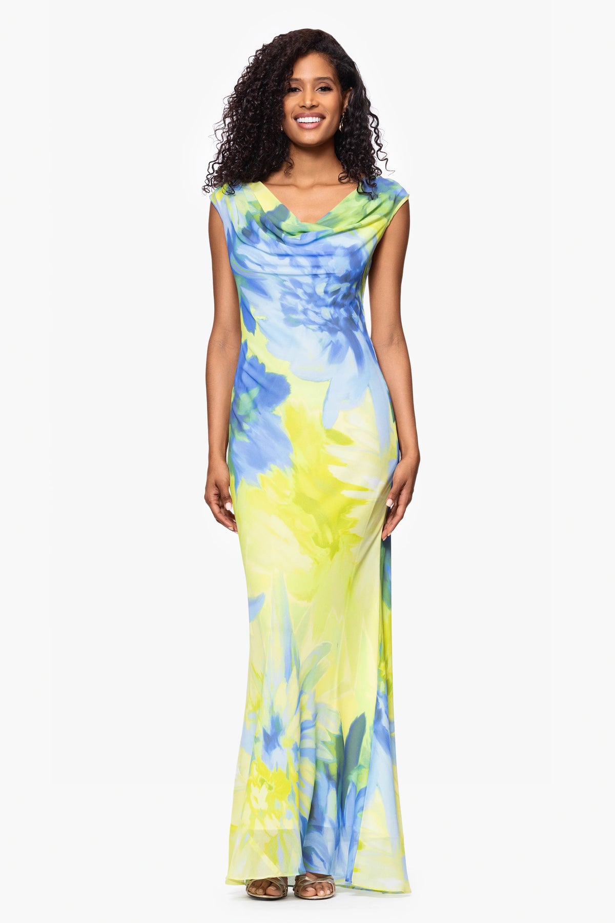 "Isabel" Print Chiffon Cowl Neck Floor Length Dress