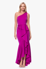 "Annalise" Techno Scuba Ruffled One Shoulder Floor Length Dress