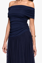 "Moraya" Jersey Off the Shoulder Rouched Floor Length Dress