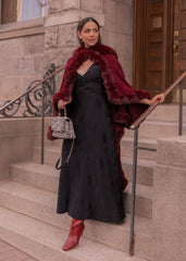Mila Puff Sleeve Jacquard Floral Satin V-Neck Midi Dress - Black