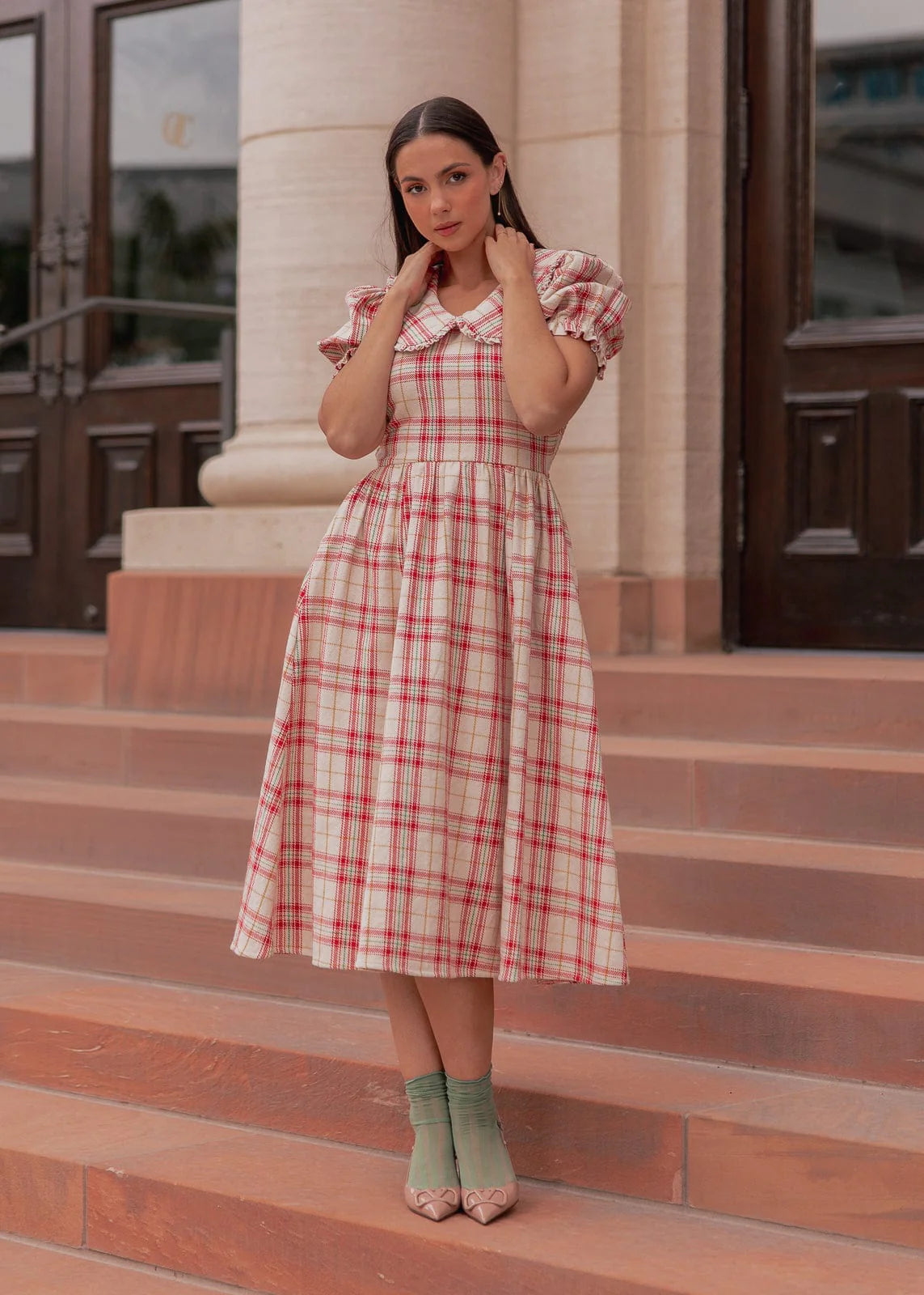 Pyper Oversized Collar Cotton Puff Sleeve Midi Dress - Red Plaid