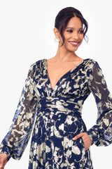 Petite "Annabelle" Metallic Foil and Long Mesh Sleeve Gown