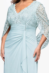 Plus "Parker" Sheer Jersey and Lace Cape Sleeve Floor Length Dress