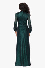 Petite "Jayline" Crinkle Metallic Long Sleeve Floor Length Dress