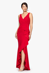 "Candace" Long V- Neck Hi Low Cascade Dress