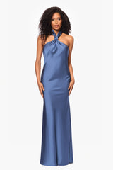 Petite "Esmerelda" Satin Double Knotted Halter Neck Floor Length Dress
