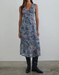 Olydia Midi Dress in Chiffon Shadow Lily Blue