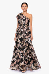 Petite "Josanne" Organza Brocade One Shoulder Floor Length Dress