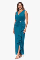 Plus "Rylee" Techno Scuba V-Neck Ruffle Floor Length Dress