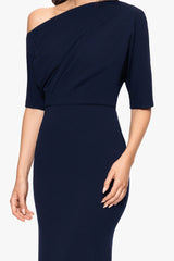 "Madeline" Long Scuba Crepe Off the Shoulder Drop Dress