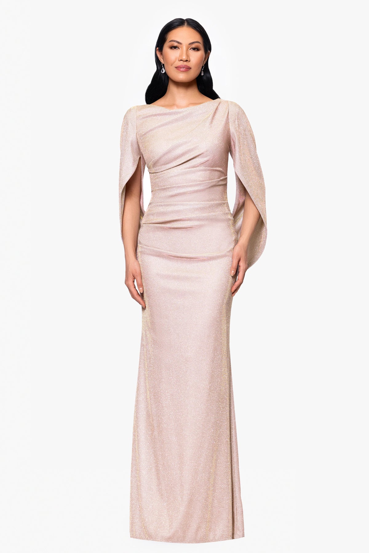 Petite "Gracie" Galaxy Knit Glitter Draped Gown