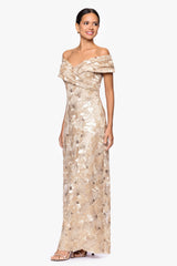 Petite "Teyana" Soutache Sequin Off the Shoulder Floor Length Dress