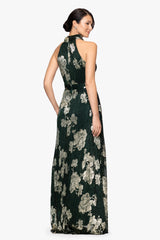 Petite "Blake" Foil Knit High Halter Neck Floor Length Dress