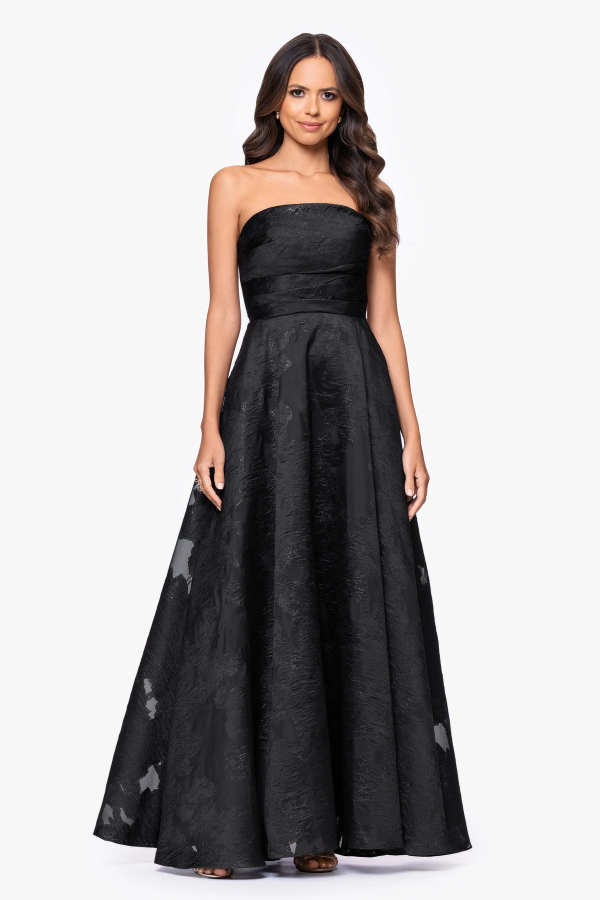 "Ellie" Organza Brocade Strapless Floor Length Gown