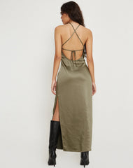 Salazar Halter Neck Maxi Dress in Satin Dark Olive