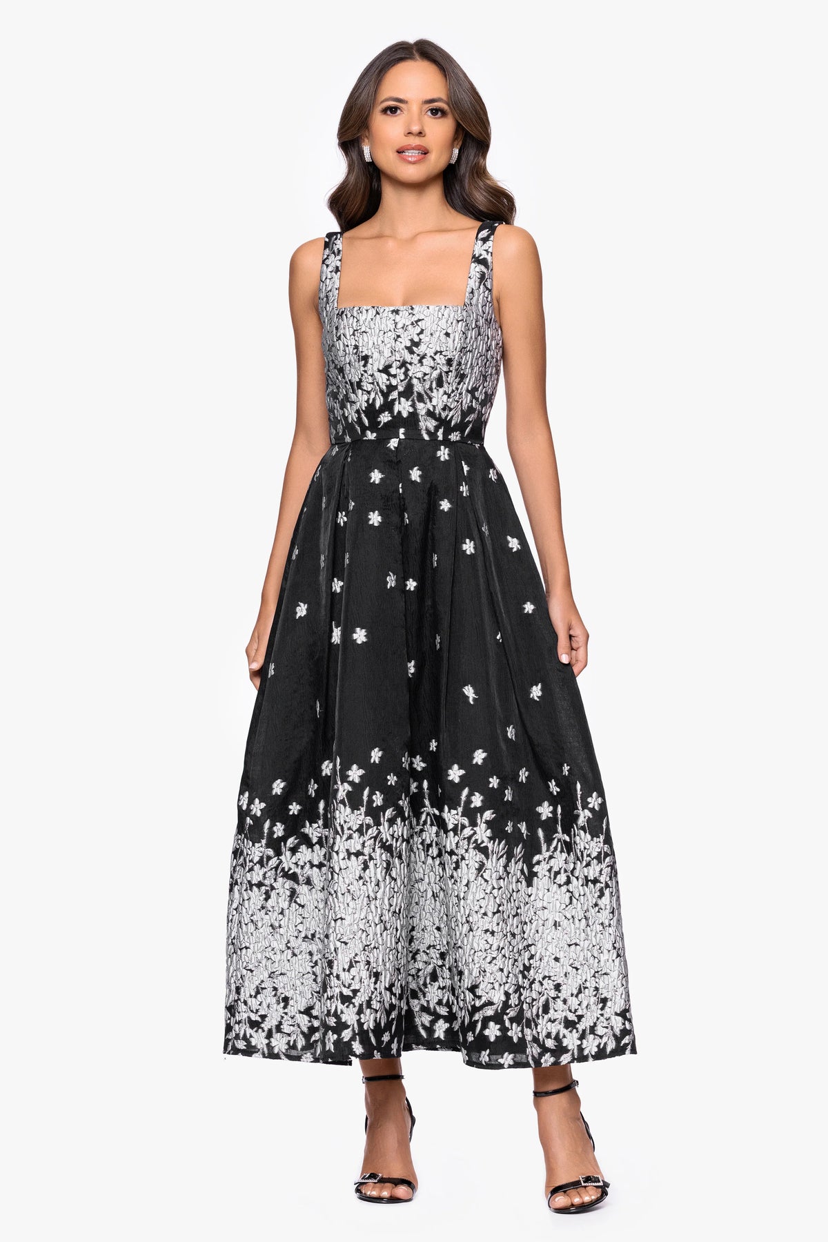 "Naomi" Brocade Square Neck Midi Dress
