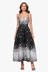 "Naomi" Brocade Square Neck Midi Dress
