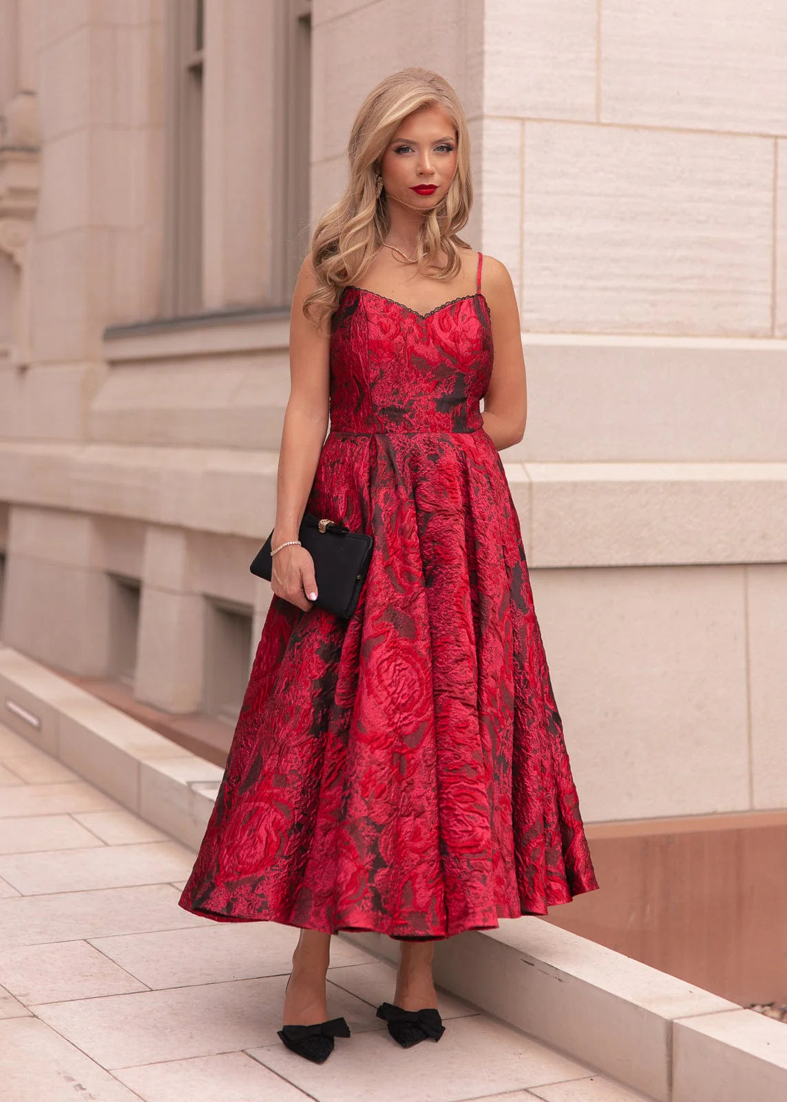 Kelly A-line Jacquard Midi Dress - Red