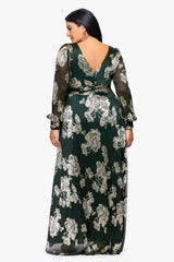 Plus "June" Foil Knit V-Neck Long Sleeve Floor Length Dress