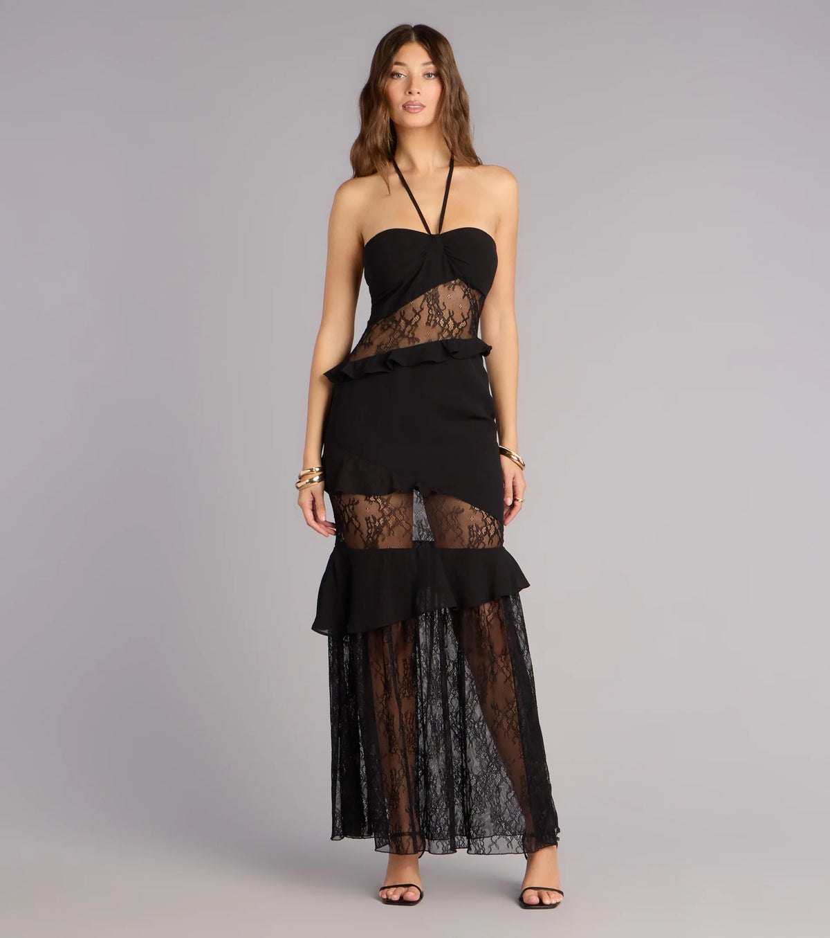 Save the Date Lace Halter Ruffle Maxi Dress